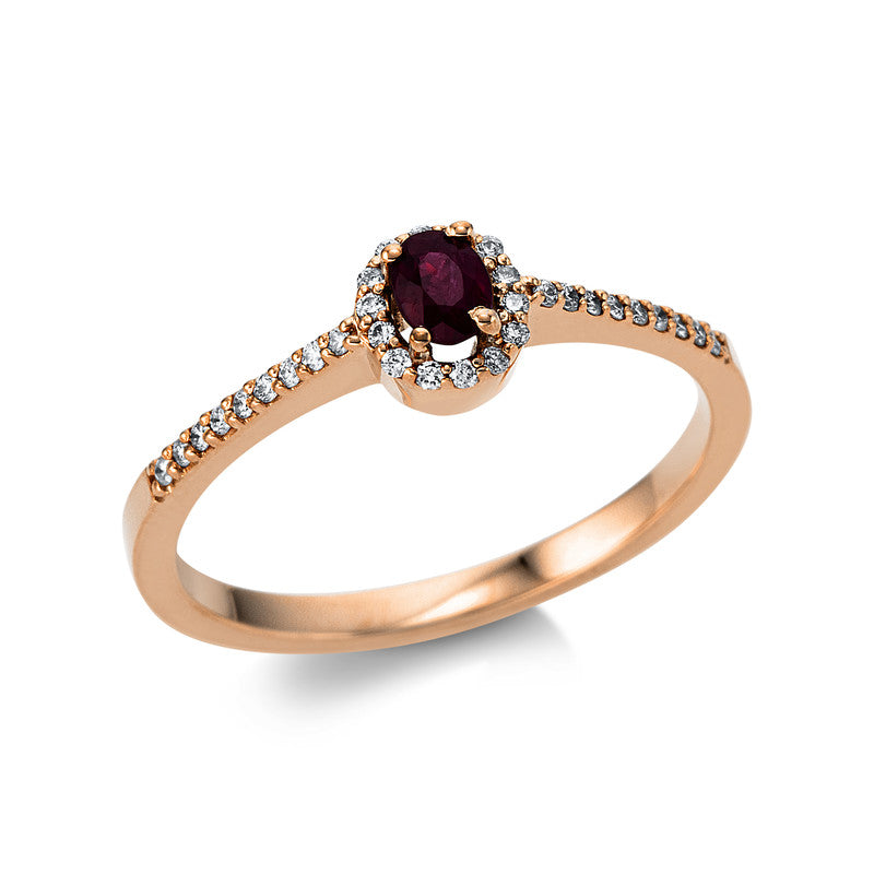 Ring 18 kt RG, 32 Brill. 0,12 ct, TW-si, 1 Rubin 0,21 ct rot