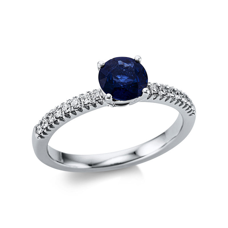 Ring 18 kt WG, 16 Brill. 0,16 ct, TW-vsi, 1 Saphir 1,05 ct blau