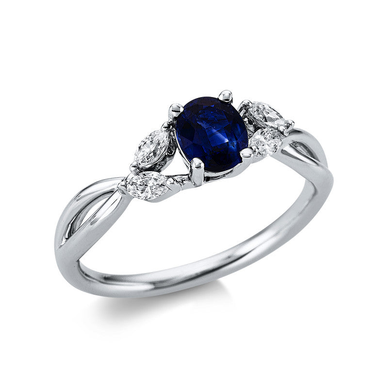 Ring 18 kt WG, 4 Nav. 0,18 ct, TW-vsi, 1 Saphir 0,82 ct blau