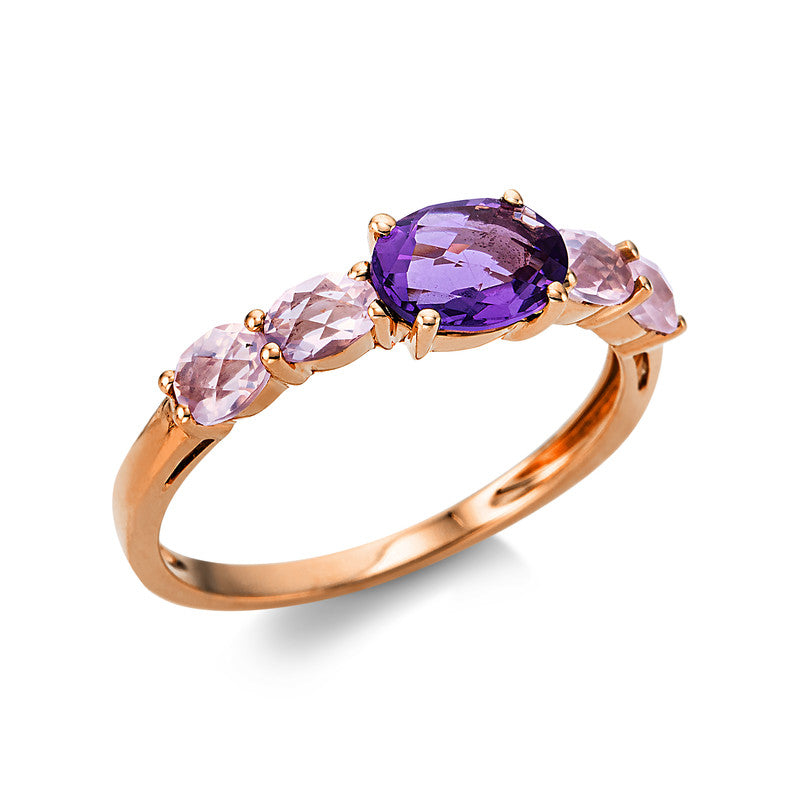 Ring 18 kt RG, 4 Quarz 0,70 ct rosa, 1 Amethyst 0,70 ct lila