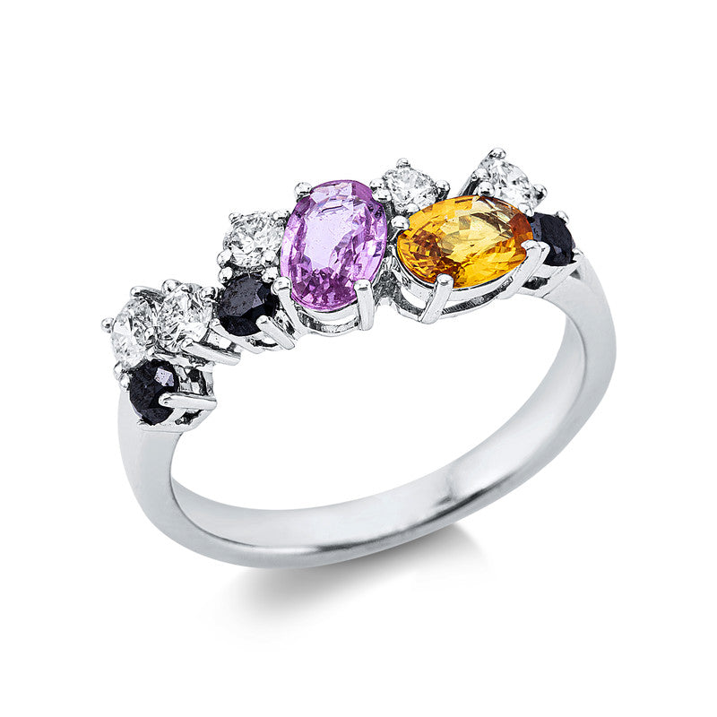 Ring 18 kt WG, 5 Brill. 0,39 ct, TW-si, 3 Brill. 0,26 ct, schwarz, 2 Saphire 1,01 ct multicolor