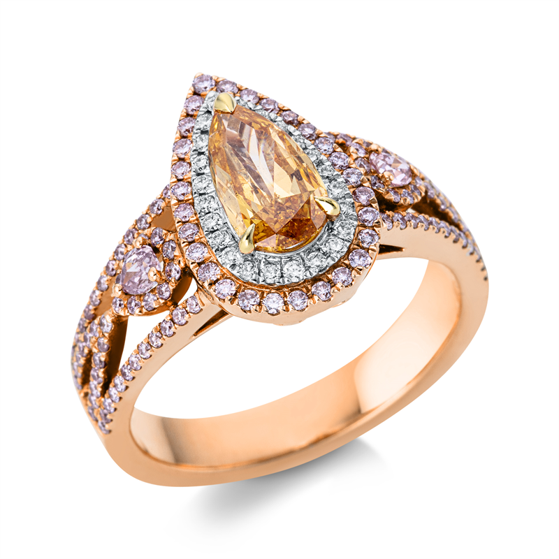 Ring 18 kt WGR, 1 Tro 0,82ct, ge, 23 Br. 0,09ct, TW-si, 124 Br. 0,49ct+2 Br. 0,13ct, pink