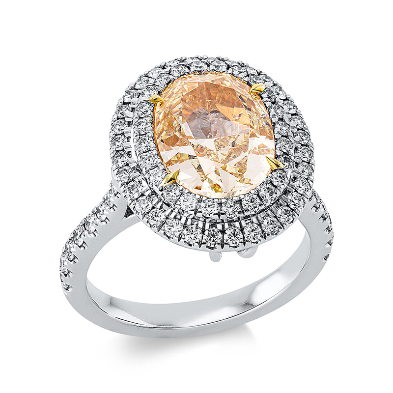Ring 18 kt WG+GG, 1 Oval 4,15 ct, gelb-si2, 12 Brill. 0,22 ct, D/F-vsi/si, 60 Brill. 0,53 ct,D/F-si