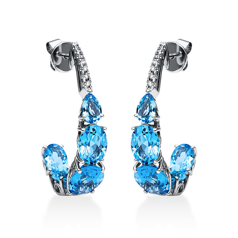 Ohrstecker 18 kt WG, 14 Brill. 0,15 ct, TW-si, 2 Blautopase 1,00 ct blau, 8 Blautopase 13,10 ct blau