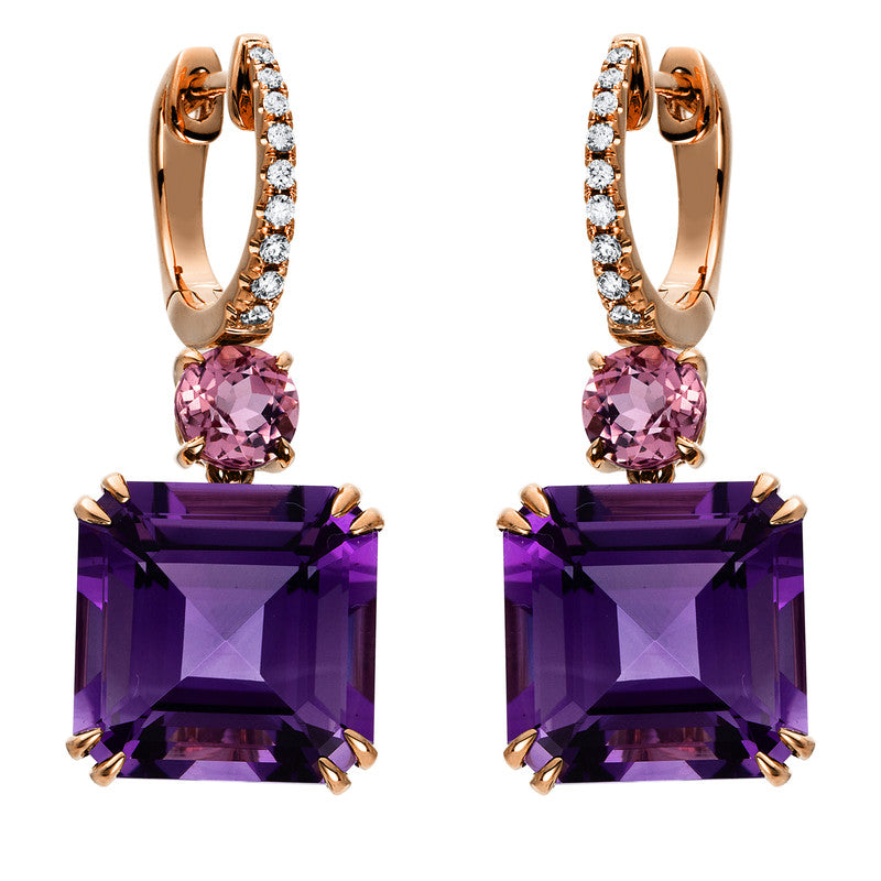 Ohrschmuck 18 kt RG, 18 Brill. 0,14 ct, TW-si, 2 Amethyste 17,30 ct lila, 2 Turmalin 1,10 ct pink