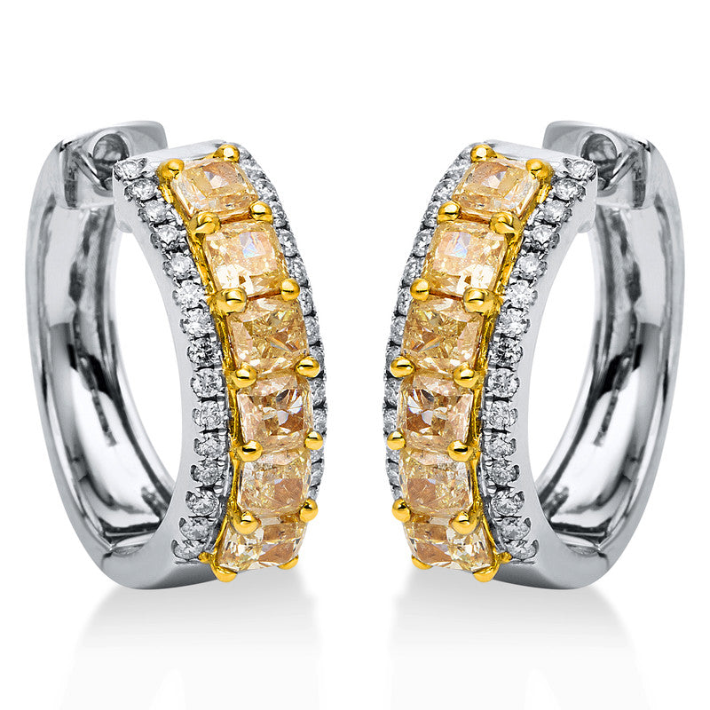 Creolen 18 kt WG+GG, 60 Brill. 0,44 ct, TW-si, 12 Cushion 2,84 ct, gelb