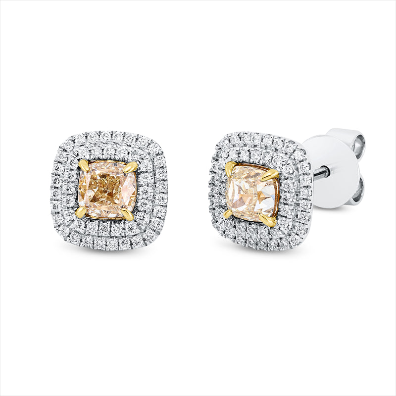Ohrstecker 18 kt WG+GG, 96 Brill. 0,24 ct, TW-si, 2 Cushion 0,99 ct, gelb
