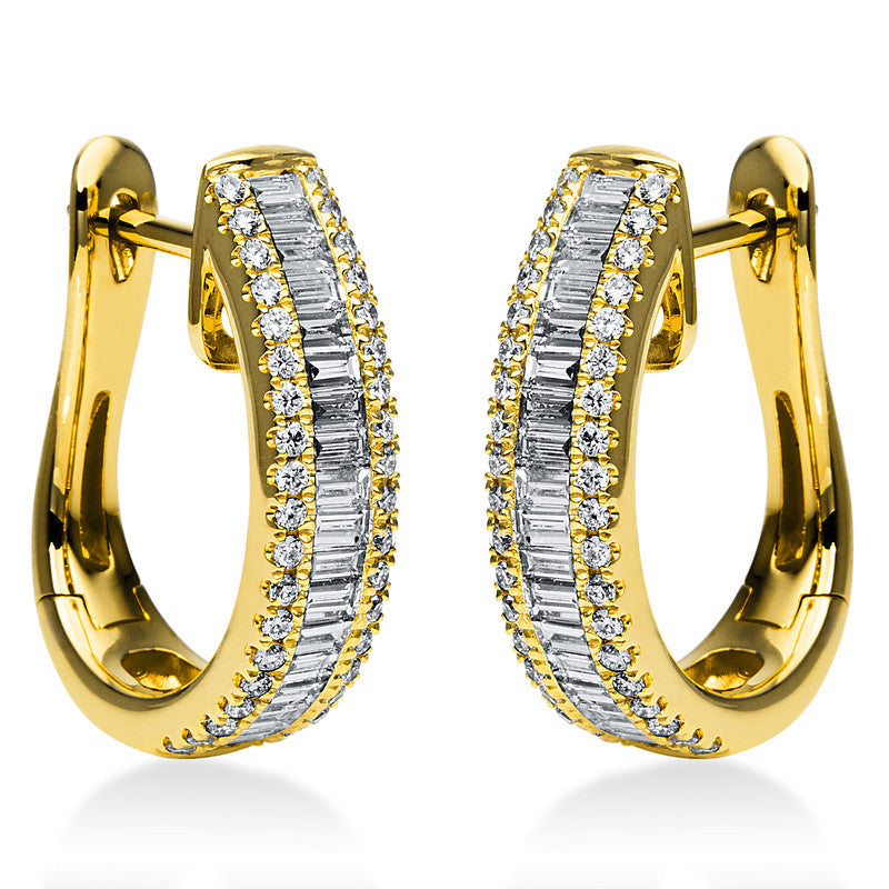 Creolen 18 kt GG, 29 Bag. 0,88 ct, TW-si, 76 Brill. 0,39 ct, TW-si