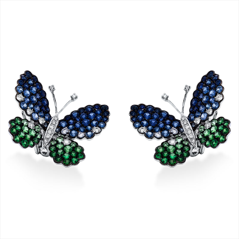 Ohrstecker 18 kt WG, Fassung teils schwarz rhodinie, 36 Brill. 0,80 ct, TW-vsi/si, 60 Tsavorith 2,29 ct grün, 100 Saphire 4,21 ct blau
