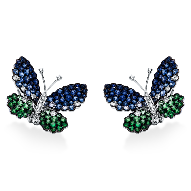 Ohrstecker 18 kt WG, Fassung teils schwarz rhodinie, 36 Brill. 0,80 ct, TW-vsi/si, 60 Tsavorith 2,29 ct grün, 100 Saphire 4,21 ct blau