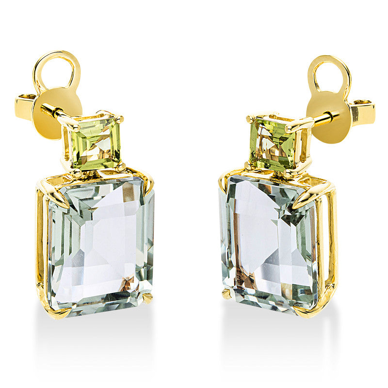 Ohrstecker 18 kt GG, Sicherheitsverschluss, 2 Peridot 0,90 ct grün, 2 Amethyste 8,40 ct grün