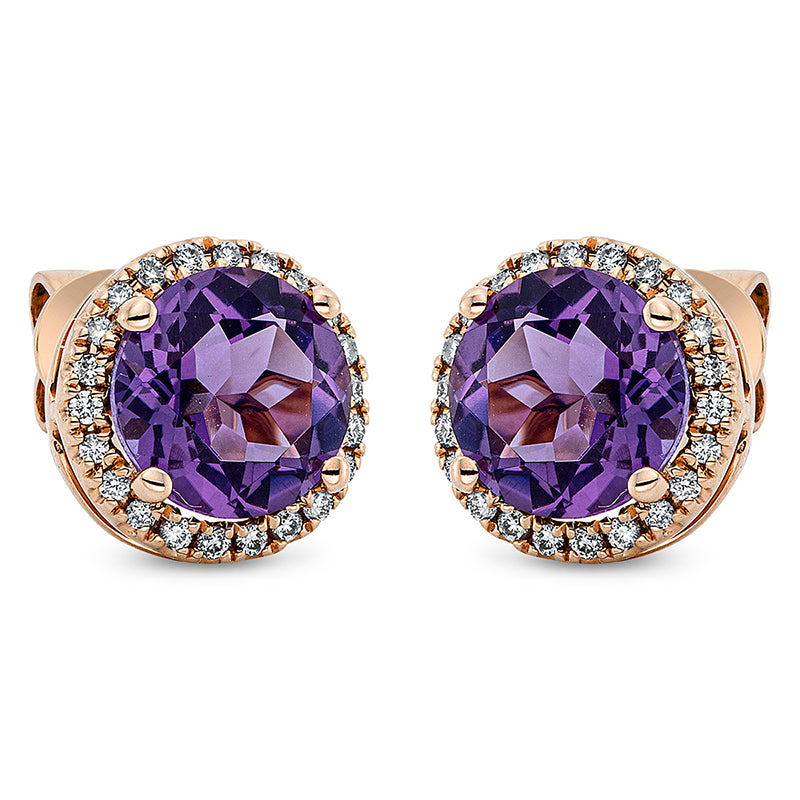 Ohrstecker 18 kt RG, 44 Brill. 0,20 ct, TW-si, 2 Amethyste 2,70 ct lila