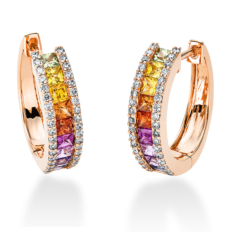 Creolen 18 kt RG, 72 Brill. 0,33 ct, TW-si, 2 Rubine 0,08 ct rot, 18 Saphire 0,90 ct multicolor