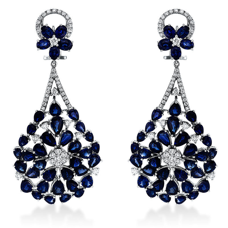 Ohrschmuck 18 kt WG, 98 Brill. 1,77 ct, TW-vsi, 10 Saphire 3,84 ct blau, 66 Saphire 23,64 ct blau