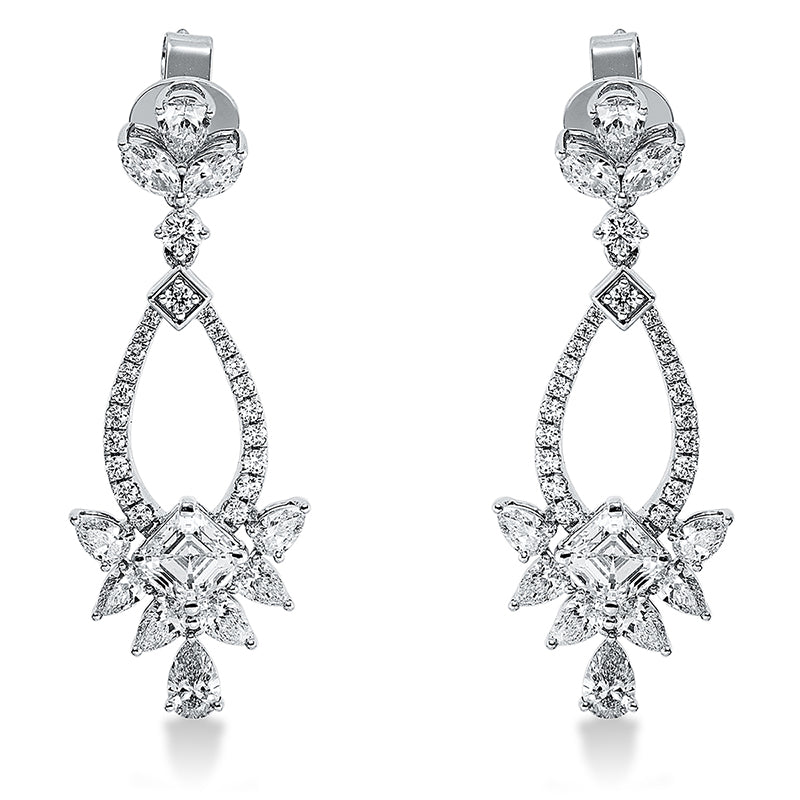 Ohrschmuck 18 kt WG, 2 Assh 1,44 ct, 16 Tropf 1,73 ct, 4 Nav. 0,47 ct, TW-vsi/si, 44 Brill. 0,46 ct