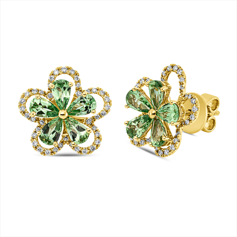 Ohrstecker 18 kt GG, 80 Brill. 0,30 ct, TW-si, 10 Tsavorith 2,40 ct grün