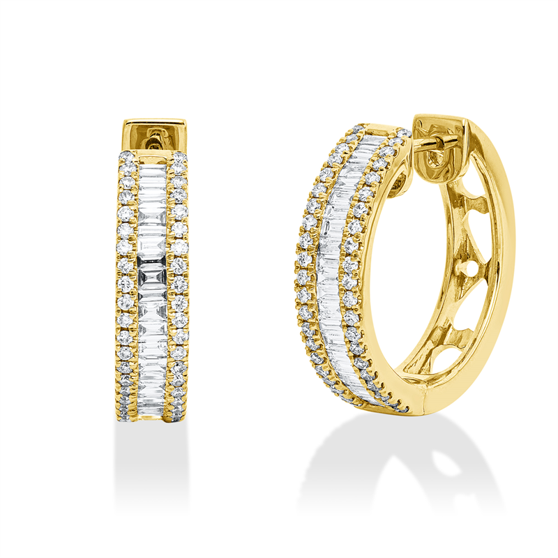 Creolen 18 kt GG, 44 Bag. 0,42 ct, TW-si, 84 Brill. 0,30 ct, TW-si