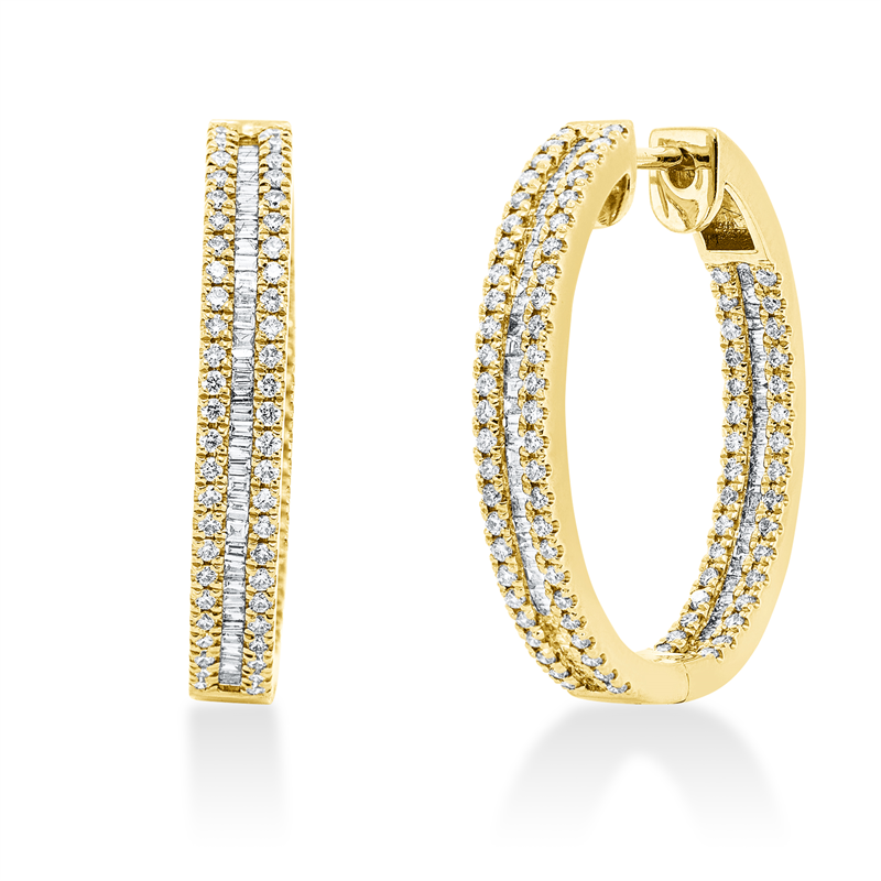 Creolen 18 kt GG, 119 Bag. 0,54 ct, TW-si, 164 Brill. 0,57 ct, TW-si