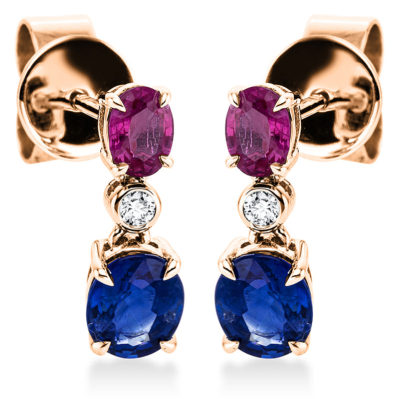 Ohrschmuck 18 kt RG, 2 Brill. 0,03 ct, W-pi, 2 Rubine 0,50 ct rot, 2 Saphire 0,96 ct blau