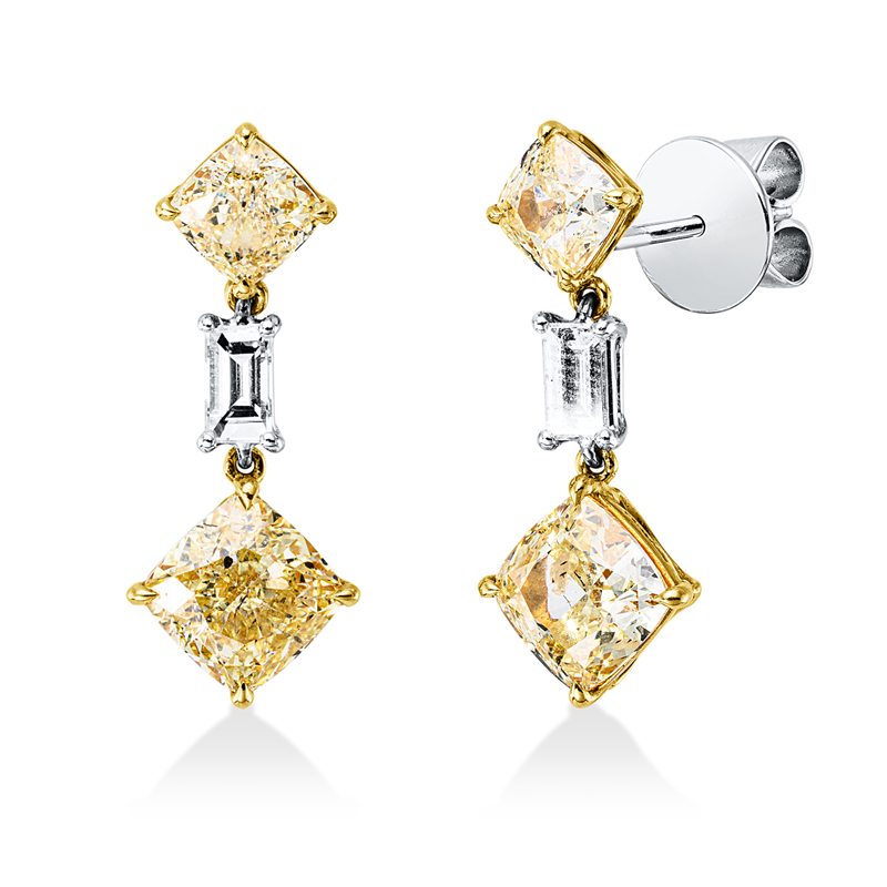 Ohrschmuck 18 kt WG+GG, 4 GIA's, 2 Cushion 4,19 ct, gelb-si2, 2 Cushion 1,81 ct, gelb-i1, 2 Bag. 0,46 ct, TW-vsi