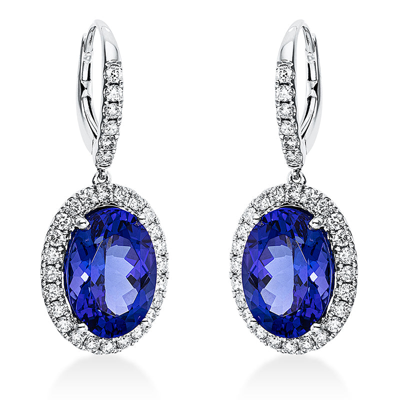 Ohrschmuck 18 kt WG, 60 Brill. 0,97 ct, TW-si, 2 Tansanit 11,63 ct blau