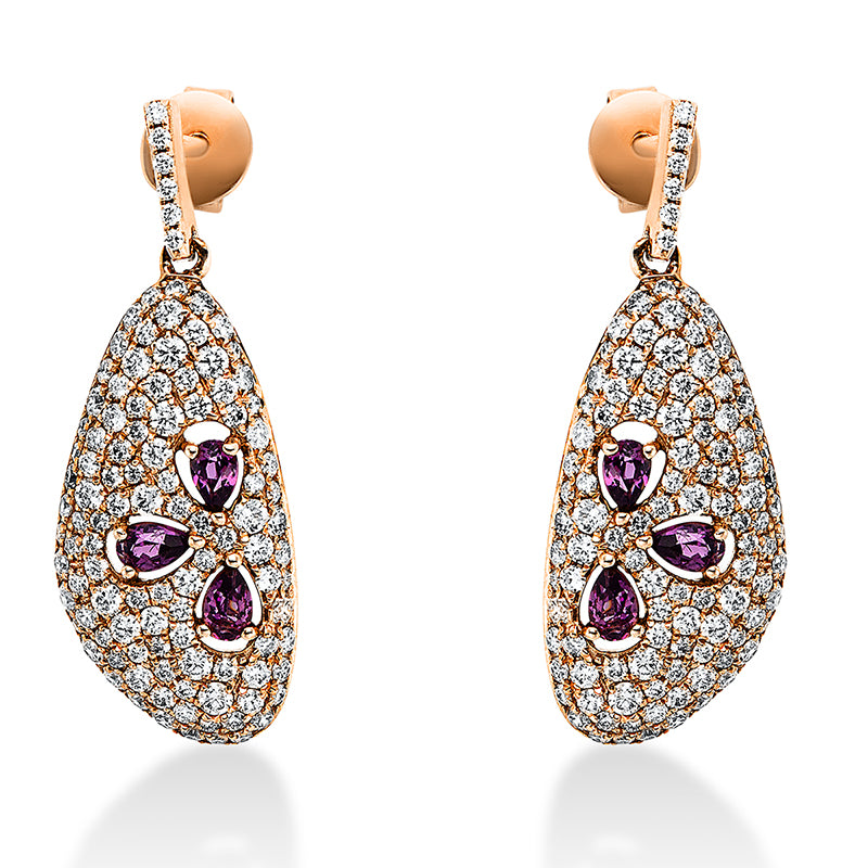 Ohrschmuck 18 kt RG, 218 Brill. 1,12 ct, TW-si, 6 Rhodolith 0,46 ct rot