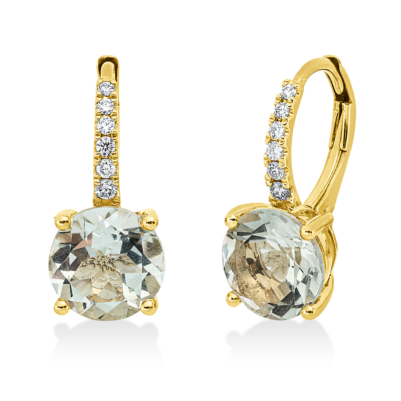 Ohrschmuck 18 kt GG, 12 Brill. 0,15 ct, TW-si,, 2 Amethyste 3,30 ct grün