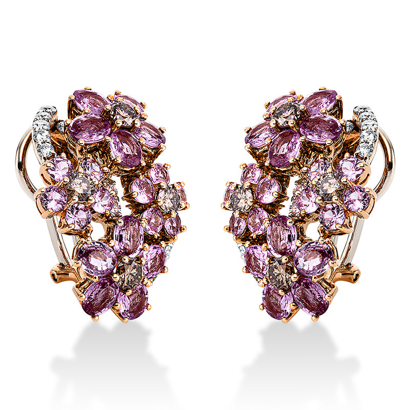 Creolen 18 kt RG+WG, 26 Brill. 0,62 ct, TW-vsi/si, 8 Brill. 1,17 ct, braun, 40 Saphire 7,43 ct pink