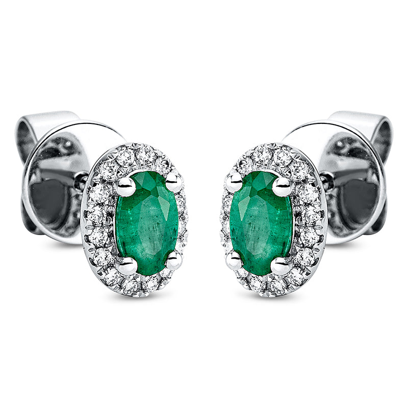 Ohrstecker 18 kt WG, 32 Brill. 0,10 ct, TW-si, 2 Smaragde 0,45 ct grün