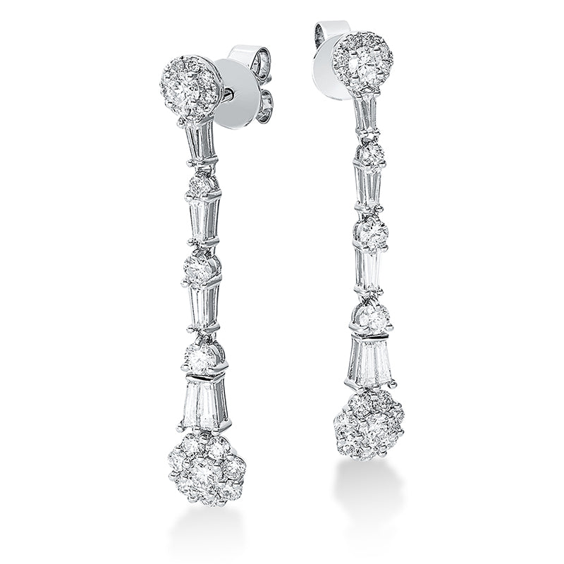 Ohrschmuck 18 kt WG, 10 Trap. 0,63 ct, TW-vsi/si, 6 Brill. 0,61 ct, TW-vsi/si, 2 Brill. 0,12 ct, TW-vsi/si, 32 Brill. 0,65 ct, TW-vsi/si