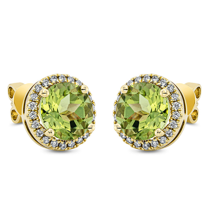 Ohrstecker 18 kt GG, 44 Brill. 0,20 ct, TW-si, 2 Peridot 3,20 ct grün