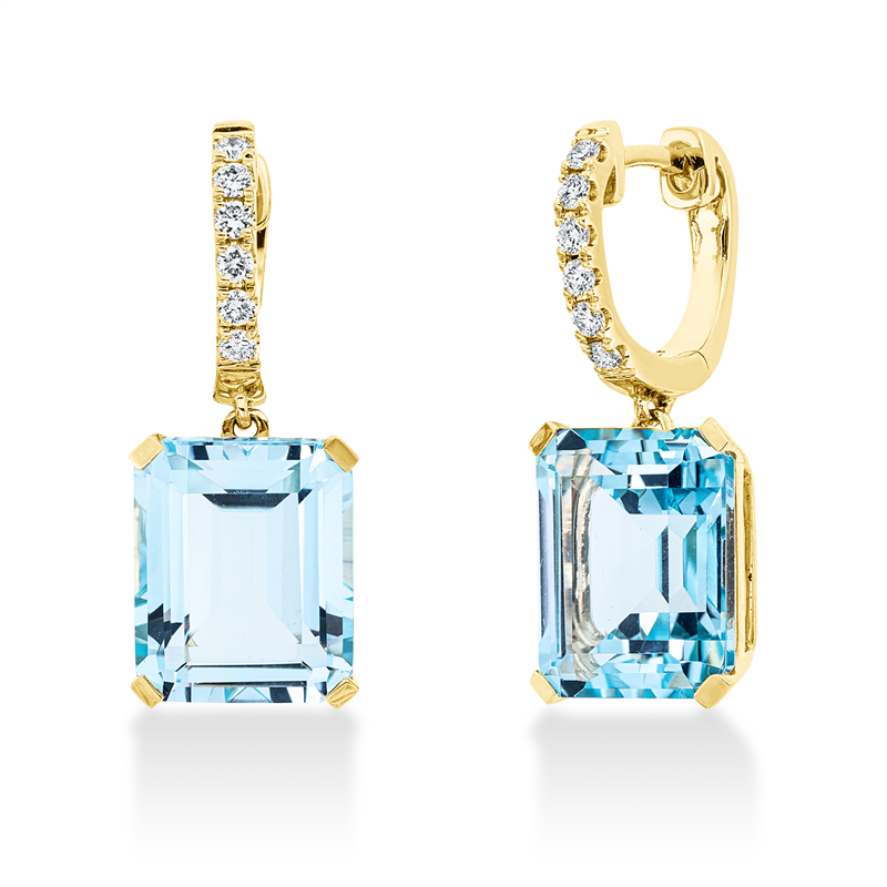 Ohrschmuck 18 kt GG, 12 Brill. 0,27 ct, TW-si, 2 Topase 12,20 ct sky blue