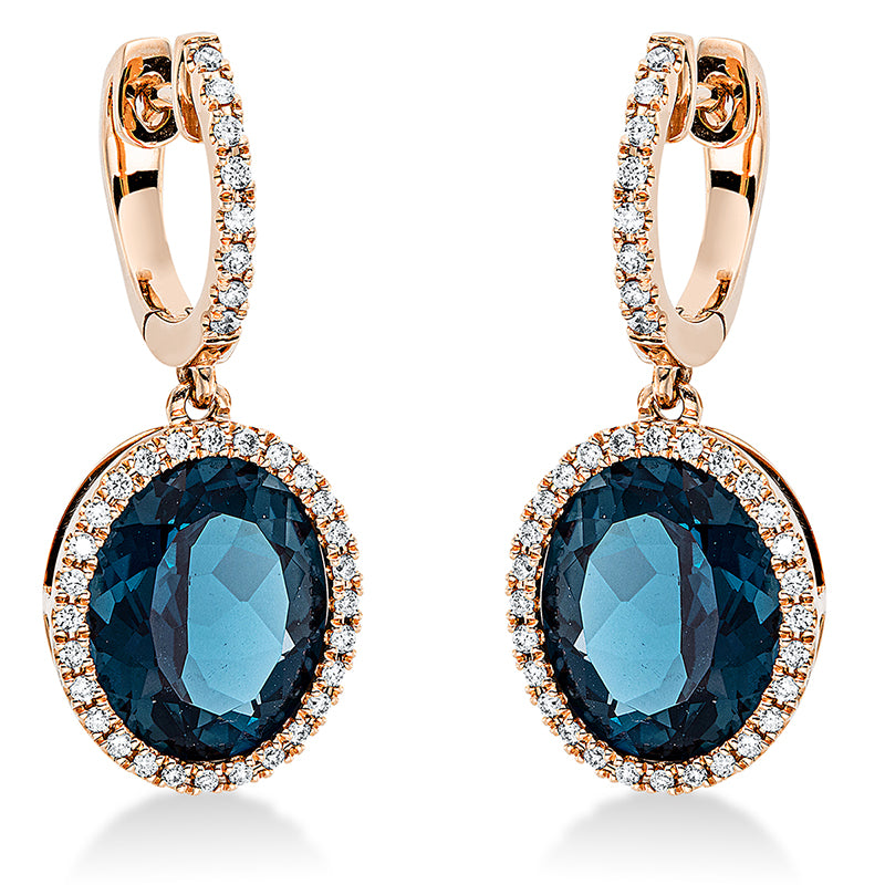 Ohrschmuck 18 kt RG, 72 Brill. 0,36 ct, TW-si, 2 Topase 9,50 ct Lond. blue