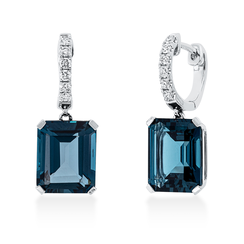 Ohrschmuck 18 kt WG, 12 Brill. 0,27 ct, TW-si, 2 Topase 11,20 ct Lond. blue