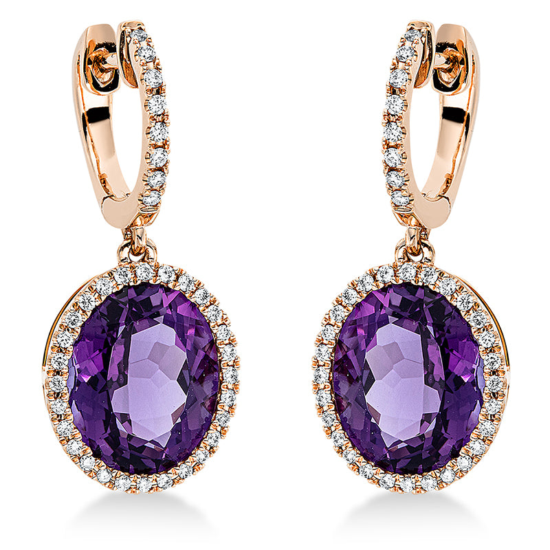Ohrschmuck 18 kt RG, 72 Brill. 0,36 ct, TW-si, 2 Amethyste 7,10 ct lila