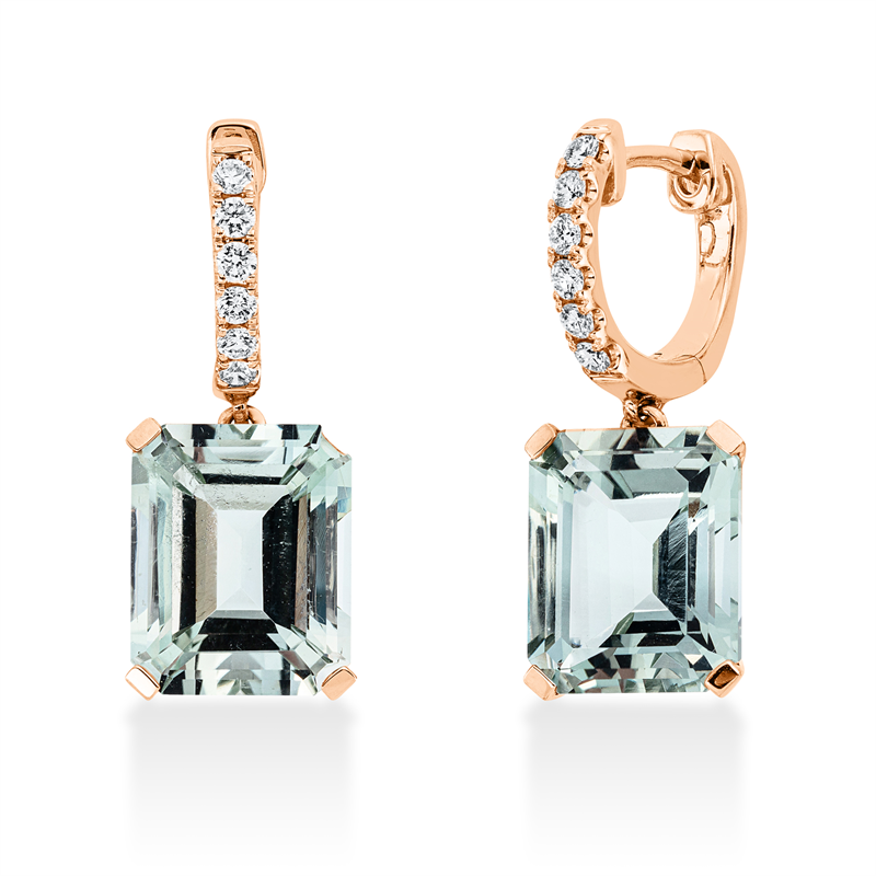 Ohrschmuck 18 kt RG, 12 Brill. 0,27 ct, TW-si, 2 Amethyste 7,90 ct grün