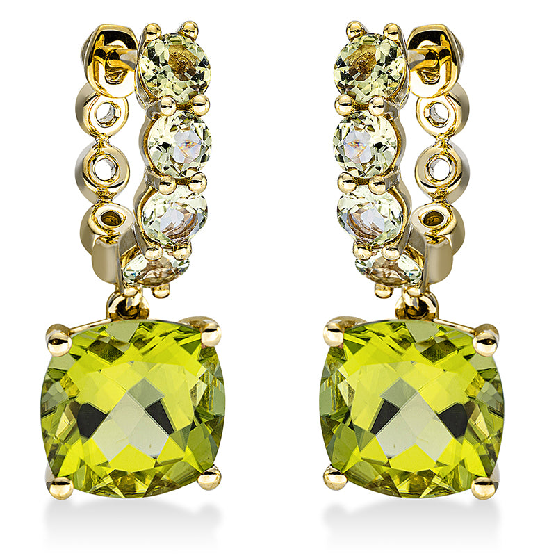 Ohrschmuck 18 kt GG, 2 Peridot 4,50 ct grün, 8 Peridot 0,90 ct grün