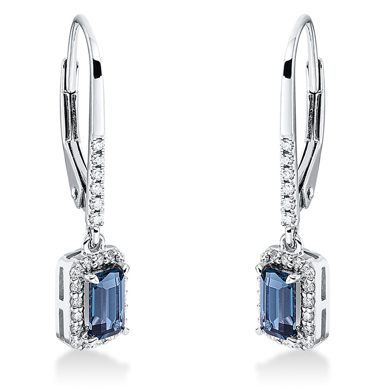 Ohrschmuck 18 kt WG, 48 Brill. 0,14 ct, TW-si, 2 Topase 0,64 ct Lond. blue