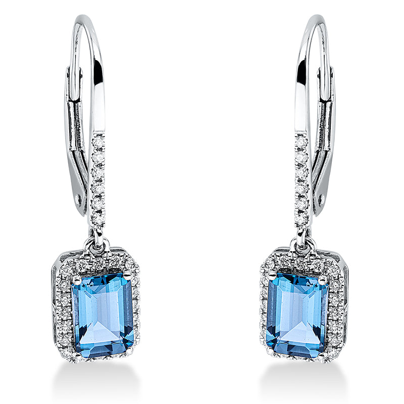 Ohrschmuck 18 kt WG, 52 Brill. 0,15 ct, TW-si, 2 Topase 1,29 ct Lond. blue