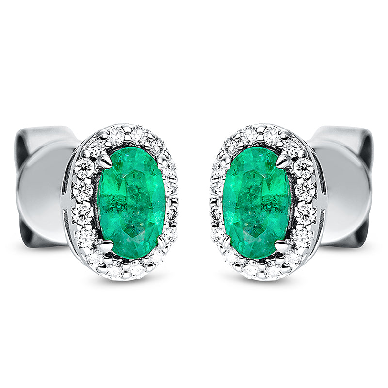 Ohrstecker 18 kt WG, 32 Brill. 0,09 ct, TW-si, 2 Smaragde 0,48 ct grün