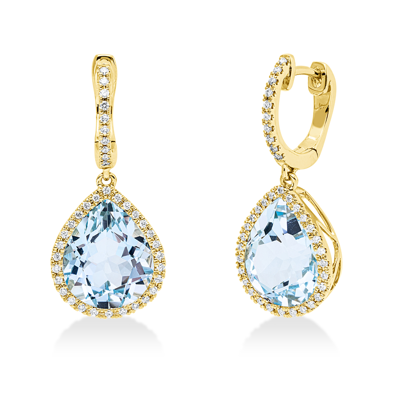 Ohrschmuck 18 kt GG, 76 Brill. 0,28 ct, TW-si, 2 Topase 8,60 ct sky blue