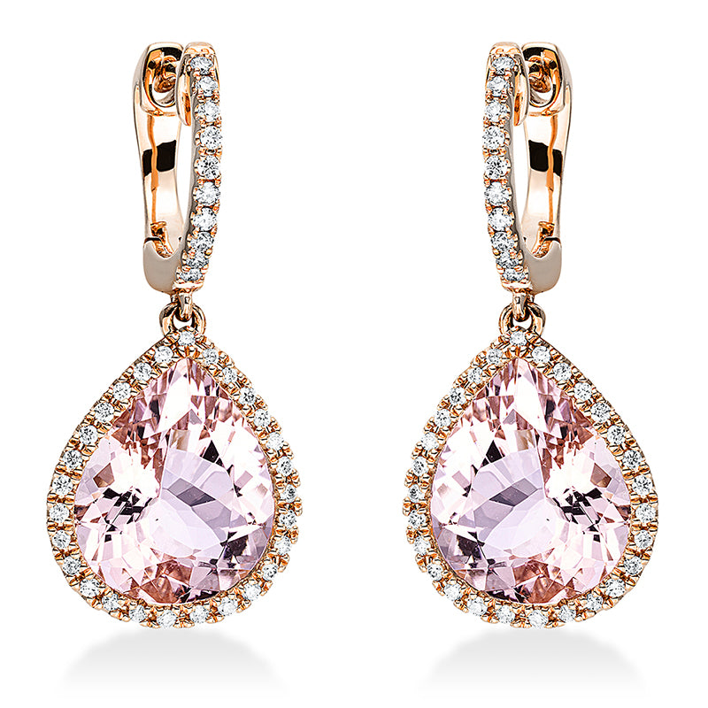 Ohrschmuck 18 kt RG, 76 Brill. 0,28 ct, TW-si, 2 Morganit 6,60 ct rosa