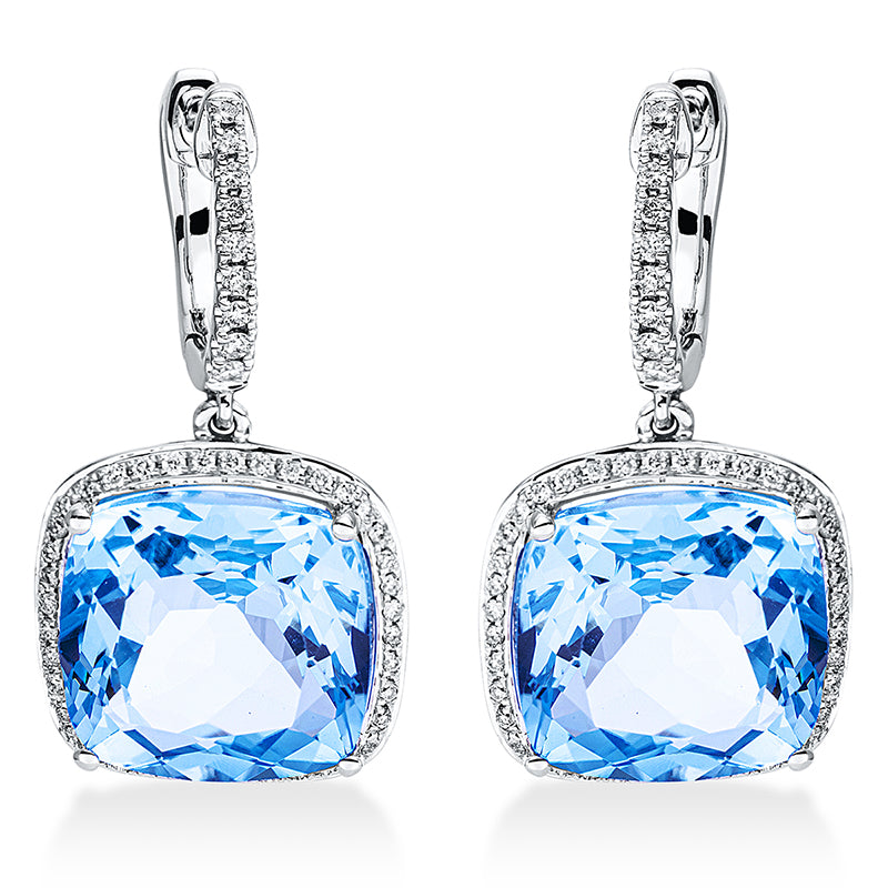 Ohrschmuck 18 kt WG, 98 Brill. 0,36 ct, TW-si, 2 Topase 16,10 ct sky blue