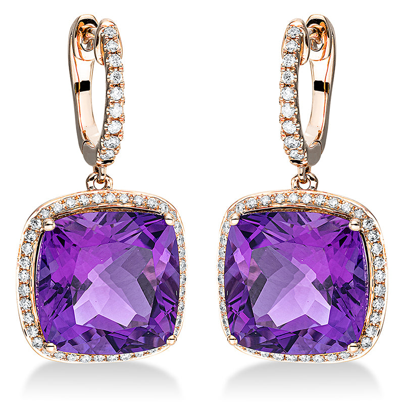 Ohrschmuck 18 kt RG, 98 Brill. 0,36 ct, TW-si, 2 Amethyste 11,40 ct lila
