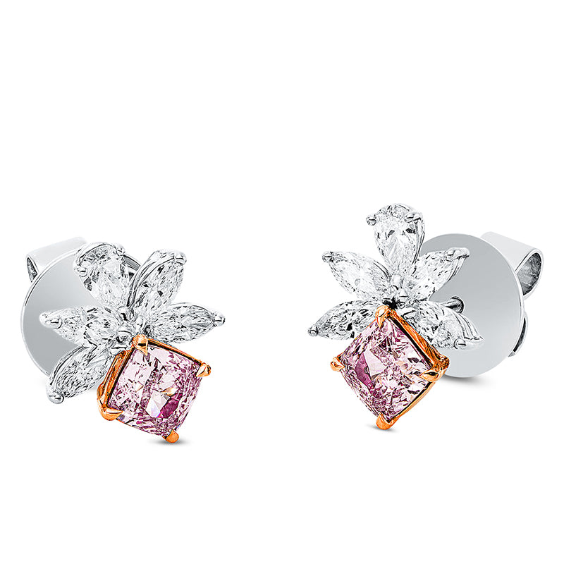 Ohrstecker 18 kt WG+RG, GIA: 2pcs, 2 Cushion 1,10 ct, pink-si, 8 Nav. 0,53 ct, 2 Tropfen 0,17 ct, vsi