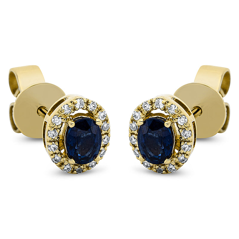 Ohrstecker 18 kt GG, 28 Brill. 0,08 ct, TW-pi, 2 Saphire 0,46 ct blau