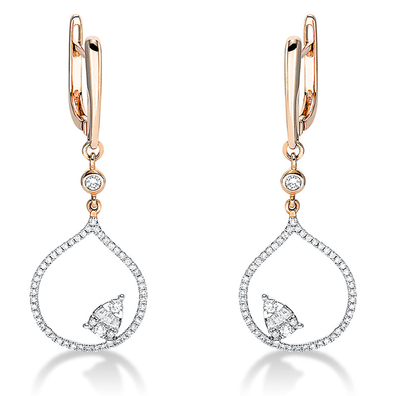 Ohrschmuck 14 kt RG, Fassung rhodiniert, 6 Trap. 0,07 ct, TW-si, 108 Brill. 0,44 ct, TW-si