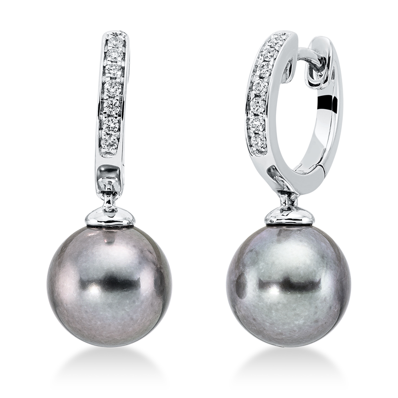 Ohrschmuck 18 kt WG, 14 Brill. 0,09 ct, TW-si, 2 TA silbergrau 8,5 mm