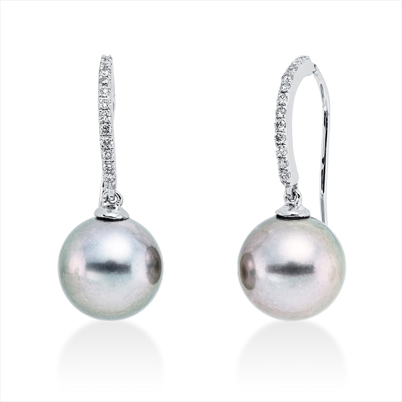 Ohrhänger 18 kt WG, 24 Brill. 0,13 ct, W-si, 2 TA silbergrau 9 mm
