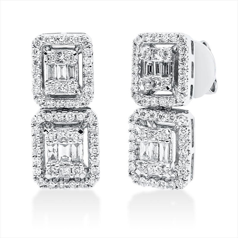 Ohrstecker 18 kt WG, 12 Bag. 0,22 ct, TW-si, 8 Princ. 0,12 ct, TW-si, 104 Brill. 0,46 ct, TW-si